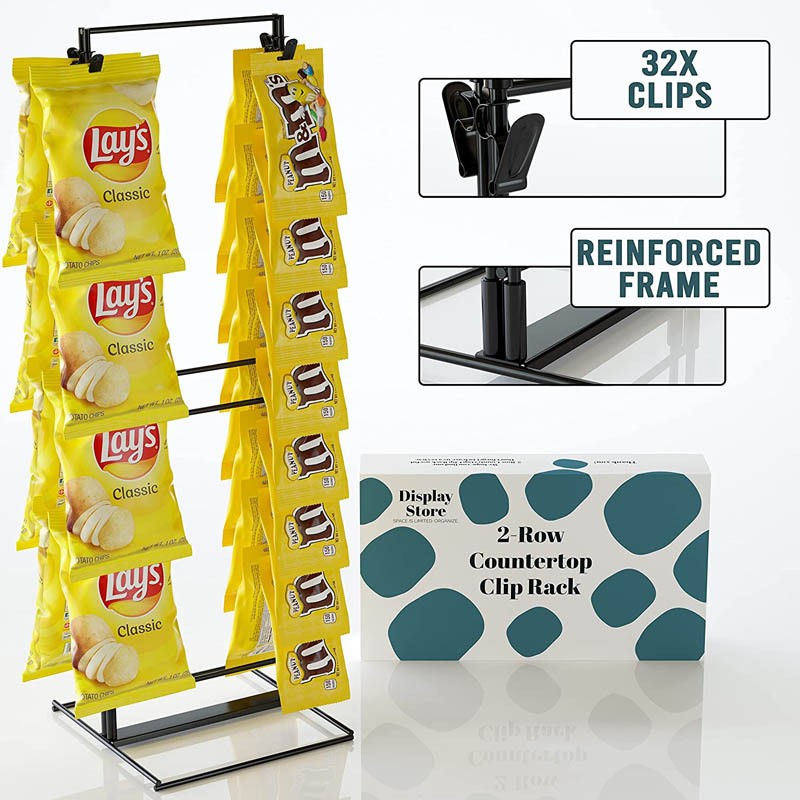 Potato Chip Rack Display With 32 Clips, 2-Row Chip Stand Display