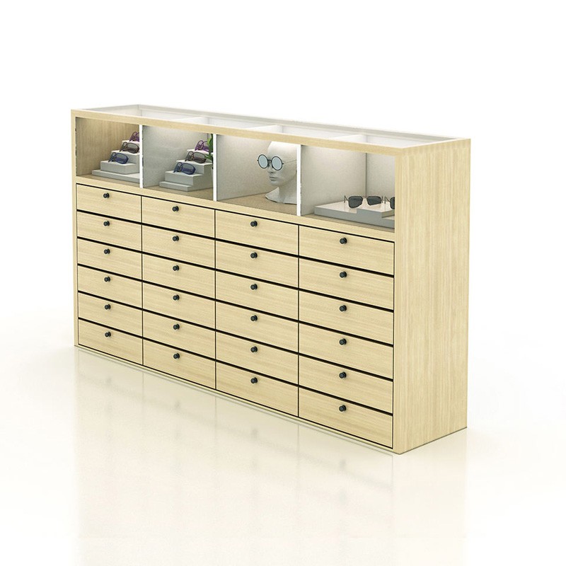 Factory supply wood multi function cases eyeglass display cabinet with storage drawer