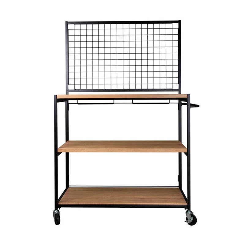 Mesh display stand with wood shelf