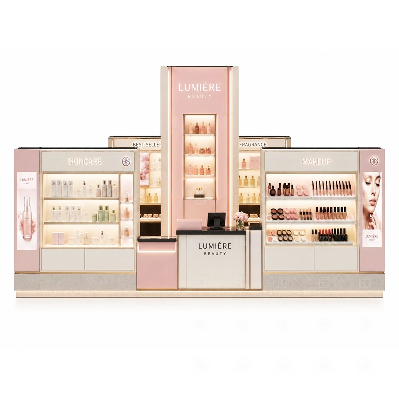 cosmetics kiosk with LED lighting for skincare and makeup display